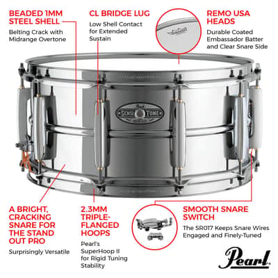 Pearl 14"x6.5" SensiTone Heritage Alloy Chrome-over-Steel Snare Drum with Beaded Shell, 2.3mm Triple-Flanged Hoops, and 10 arched CL Lugs image 2