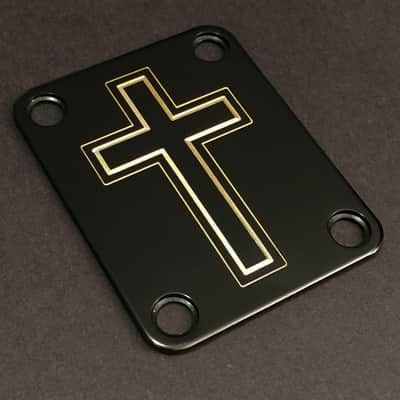 GUITAR NECK PLATE Custom Engraved Etched - Fits Fender - CROSS Faith - Black