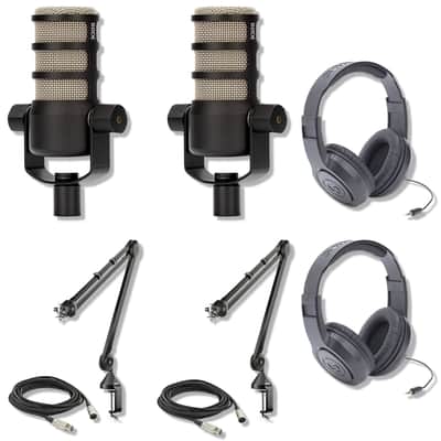 Rode PodMic Dynamic Podcast Microphone (Pair) with Rode PSA1 Boom Arms, TH-02 Podcast Headphones, XLR Cables and StreamEye Polishing Cloth image 2