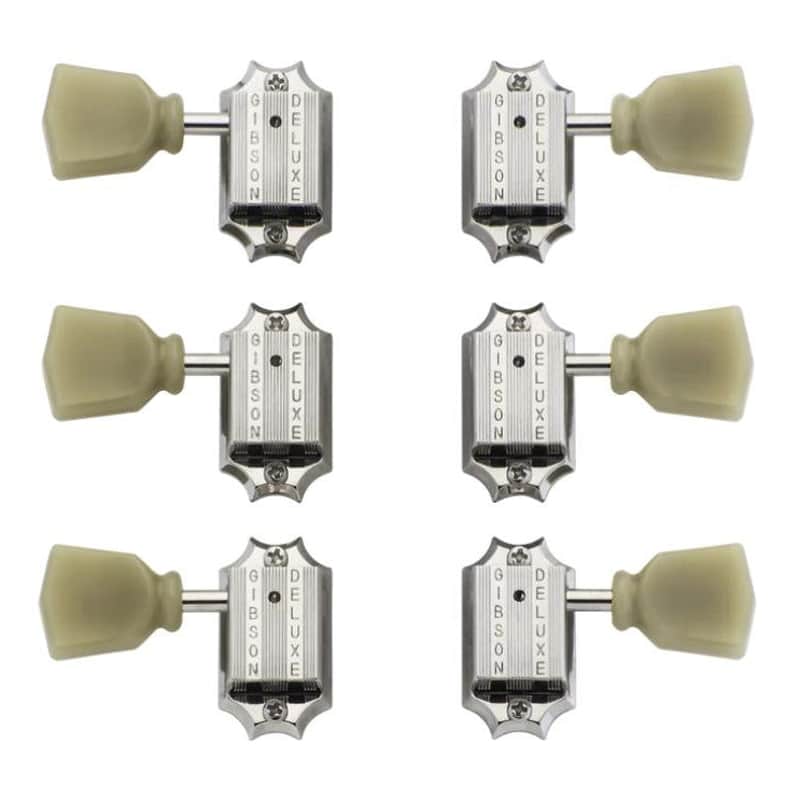 Gibson PMMH-010 Deluxe Green Key 3+3 Machine Heads - Vintage Nickel w/ Pearloid Buttons image 1