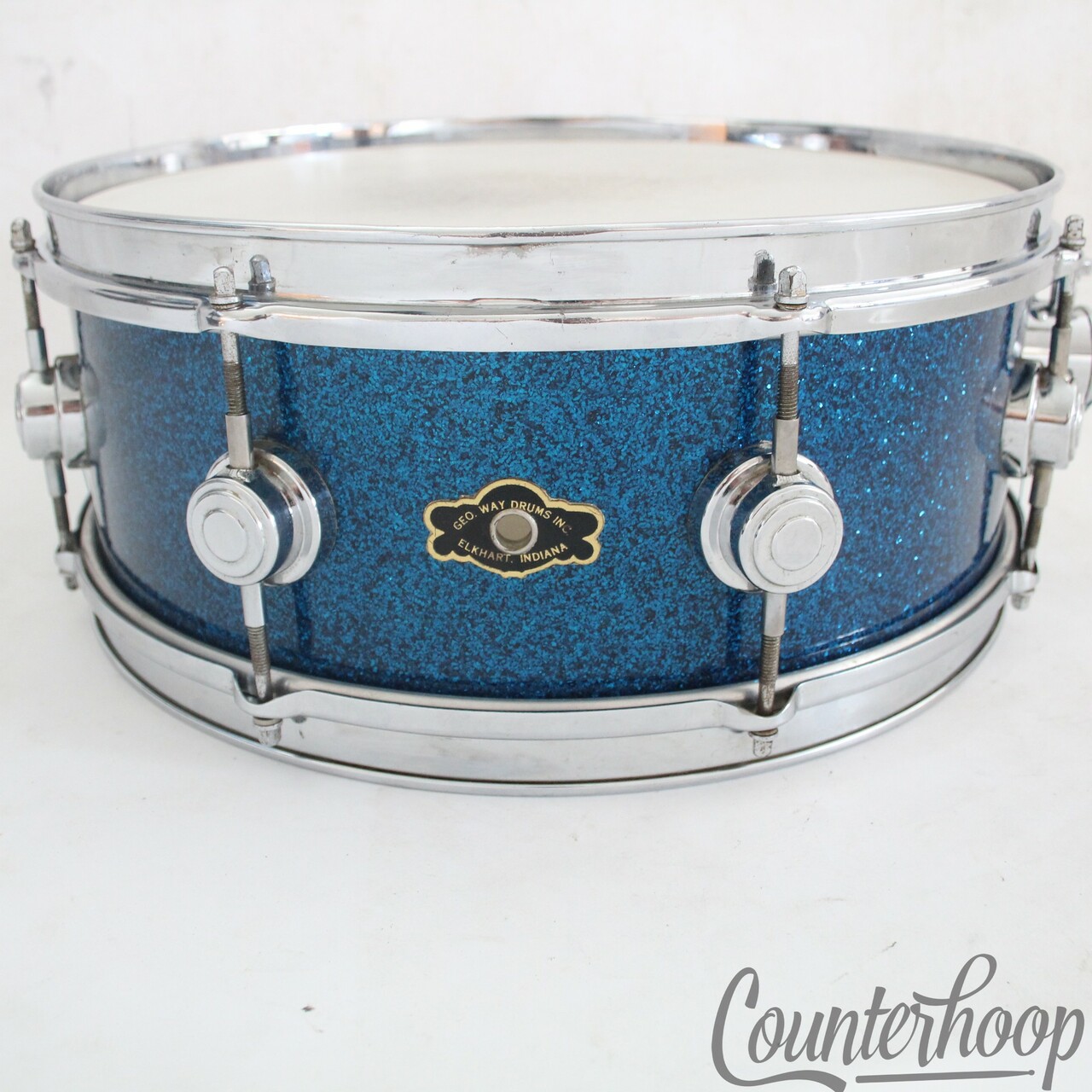 "George Way 14x5.5" Blue Sparkle Aristocrat Snare Drum COB Brass Rims Camco Geo" — main photograph