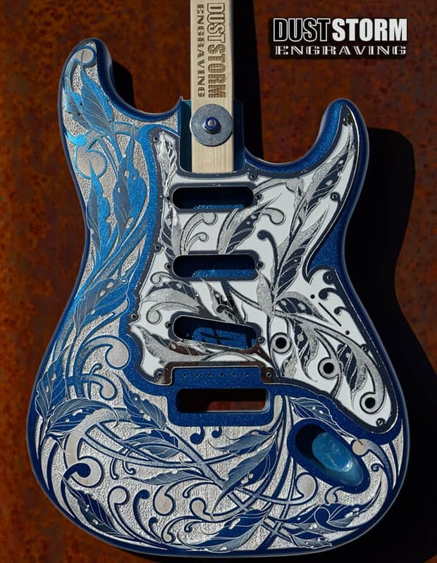 Custom Laser Engraved Blue Sparkle and White Fender Strat Guitar Body with White & Silver Mirror Pickguard & Tremolo Cover HSH, HSS, SSS Setup Available image 1