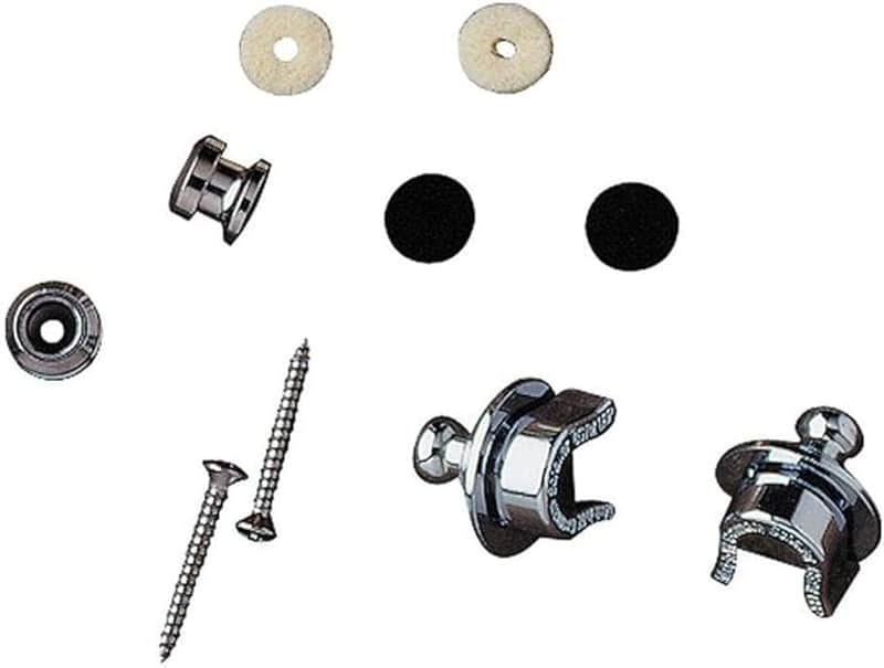 Guitar Strap Lock with Chrome Buttons and Wood Mounting Screws, 1 Set of 2 Security Guitar Strap Locks for Guitar and Guitar Strap, Black and White Felt Washers, 1 Set image 1