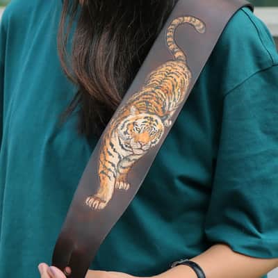 burnyblack custom made guitar strap leather 2.5" - tiger brown image 13