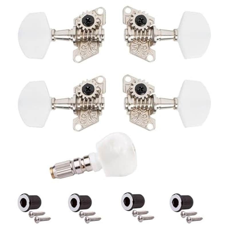 StewMac Economy Banjo Tuners, Nickel Set of 5 with Open-Gear 14:1 Ratio Includes Bushings and Screws for 3/8-inch Peghead Holes Lightweight and Durable Design image 1