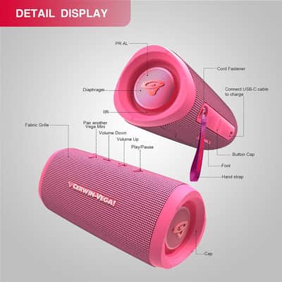 CERWIN-VEGA! Vega Mini - VMPNK Compact Bluetooth Speaker, Powerful Bass,Water Resistant Bluetooth Speaker, Portable Wireless Speakers for Travel, Home, and Outdoor Use – Pink image 2