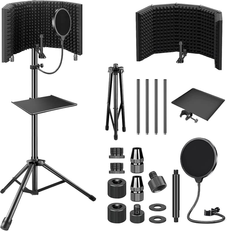 Studio Recording Microphone Isolation Shield with Pop Filter & Tripod Stand, High Density Absorbent Foam to Filter Vocal, Foldable Sound Shield image 1