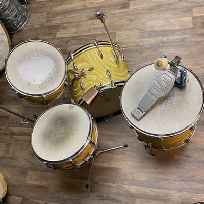 VINTAGE Slingerland Yellow Satin Flame Drum Set & Hollywood Ace 14" Snare Drum - 20/13/16/14SN image 2