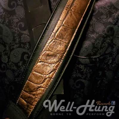 Well-Hung "Lust for Lustre" - 3" wide padded black leather comfort strap with gold reptile image 3