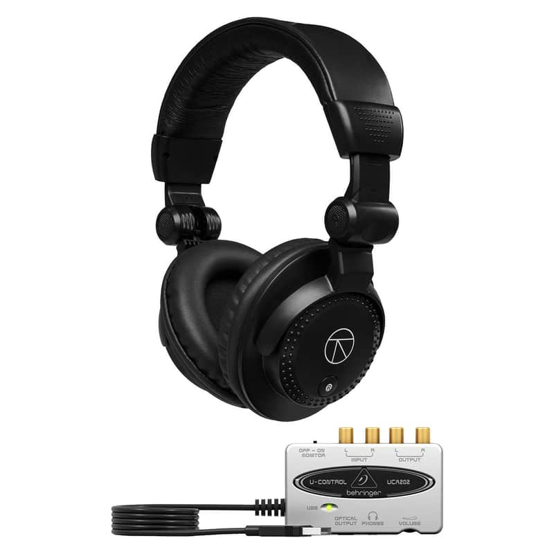 Behringer UCA202 Ultra-Low Latency 2-In/2 Out USB/Audio Interface with Digital Output with Closed-Back Studio Monitor Headphones image 1