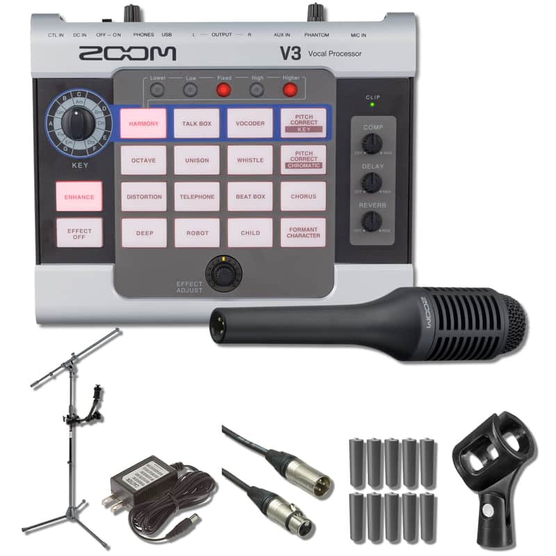 Zoom V3 Multi-Effects Vocal Processor with HRM-7 Handy Recorder Mount, SGV-6 Directional Shotgun Vocal Microphone, Euro Boom Microphone Stand, AD-16 9V Power Supply and 10x AA Batteries image 1