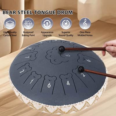 Bear Steel Tongue Drum 13 Inch 13 Note, Steel Drum with Mallets 2 Pairs, Carry Bag and Music Book, Percussion Instruments for Adults and Kids, Handpan Drum C Major (Navy Blue) image 3