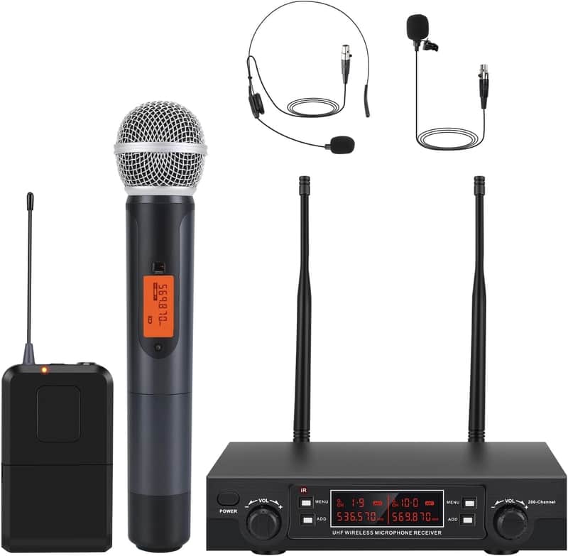 200-Channel Wireless Microphones System, Wireless Lavalier Microphone, Dual UHF Bodypack Cordless Lavalier Mic System Set, Long Range 200-240Ft, 16 Hours Ideal for Church (Black) image 1