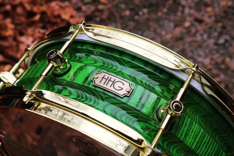 HHG Drums  14x5 Contoured White Ash Stave Snare Drum 2022 High Gloss Electric Green Lacquer Eith Gold Hardware image 1