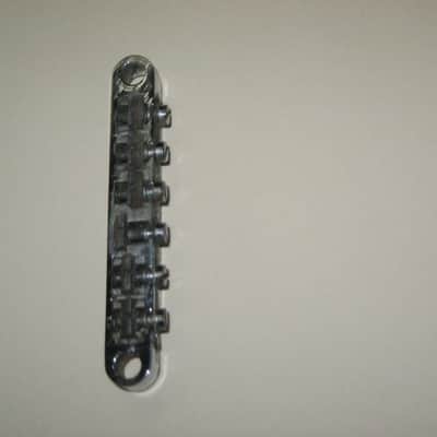 visibly used / relic'd real player's wear Epiphone B-2 metric ABR-1 vintage style bridge CHROME, large posts mounting pieces (NO anchors) early 2000s (for some import guitars that use this style bridge) will NOT fit on Gibson - mounting holes are too big image 21