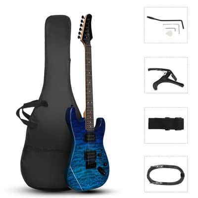 KST 39" Full-Size Electric Guitar Kit – HH Pickups, Tremolo, Trans Blue | Beginner Bundle w/ Bag, Strap, Capo & More image 2