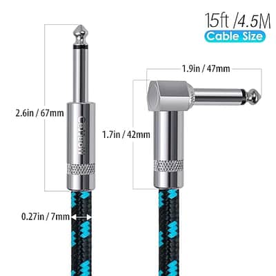 Guitar Cable 15ft Right Angle Guitar Amp Cord 1/4 Inch Instrument Cable with Braided Tweed and Anti-Kinking Design for Guitar Bass Amp, Black & Blue image 4