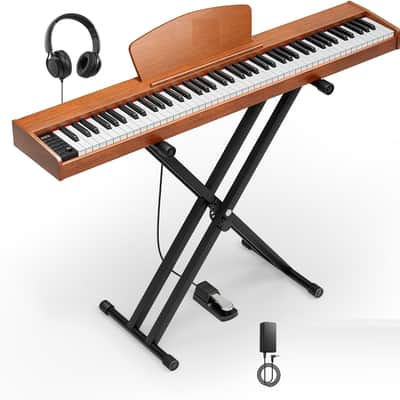 Piano Keyboard 88 Keys, Full Size Electric Keyboard Piano with Velocity-Sensitive Key, Portable Beginner Digital Piano Bundle Piano Stand, Sustain Pedal, Music Stand and Headphones, Brown image 1