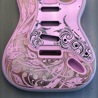 Pink Fender Strat Guitar Body Custom Laser Engraved Lavender Mirror Pickguard with Tremolo Cover HSH, HSS, SSS Setup Available image 1