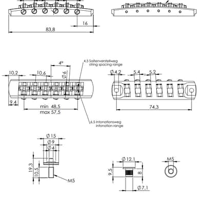 Schaller Germany STM Roller Bridge for Les Paul Guitar, NICKEL w/ Brass Saddles image 2