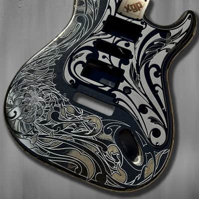 Black Sparkle XGP Stratocaster Style Laser Engraved Guitar Body with Solid Black Acrylic Pickguard and Tremolo Cover HSH, HSS, SSS Setups Available image 2