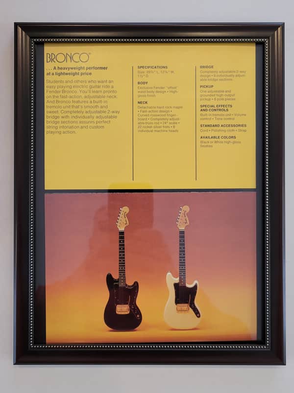 1975 Fender Guitars Dealer Color Promotional Ad Framed Fender Bronco Original image 1