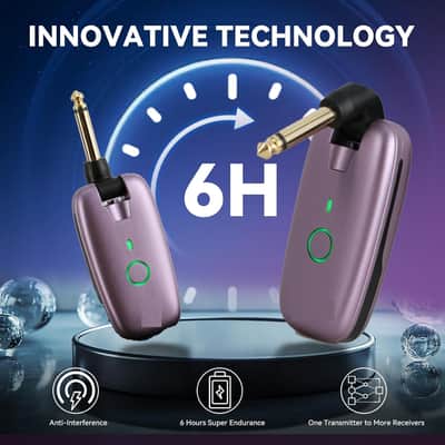 Wireless Guitar System, Transmitter & Receiver for Multiple Instruments — Electric Guitar, Bass & Keyboard, 7-Channel Rechargeable System with 6H Battery, 1/4” & 1/8” Plugs,Purple image 2