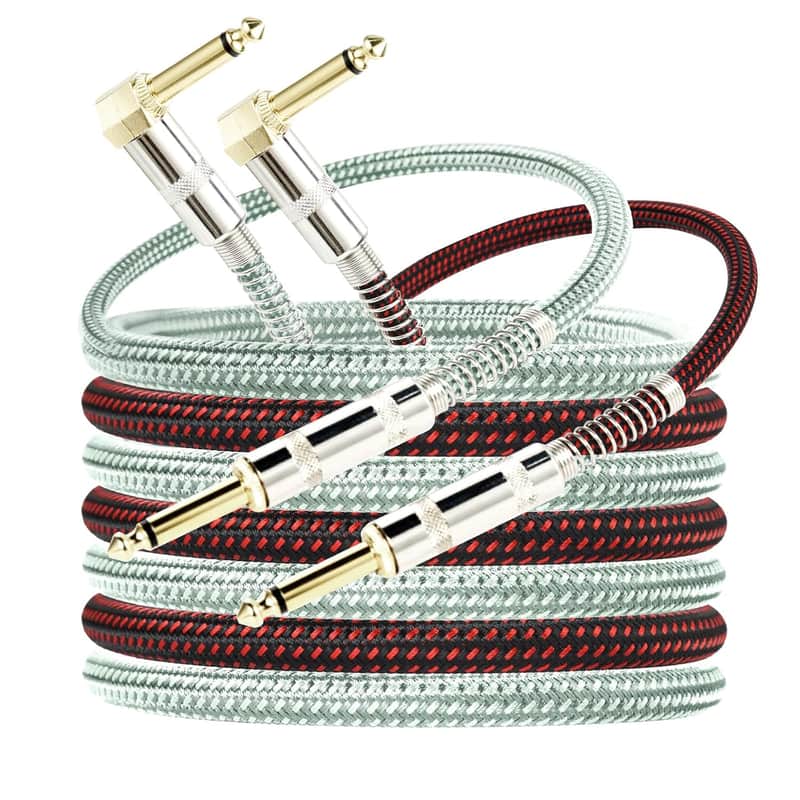 10ft Guitar Cable 2 Pack Electric Guitar Chord Instrument Cable Quarter Inch L Shaped Guitar Cable Straight to Right Angle Gold Plated Plug for Bass Amp Keyboard Red & Green image 1