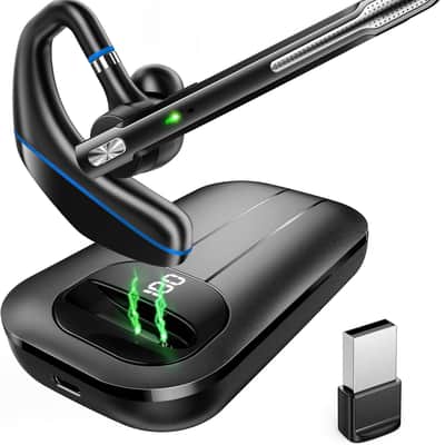 Bluetooth Headset V5.3, Wireless Earpiece with 1000mAh Charging Case, 96H Talktime, Hands Free Noise Canceling Headphones with Dual-Mic for Computer Cell Phones Trucker Home Work (Blue) image 1