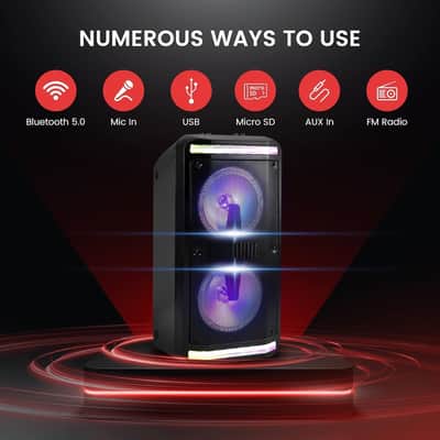 Bluetooth Speaker and PA System - Portable Stereo Karaoke System with Wired Mic, Built-in LED Party Lights, MP3/USB/Micro SD Readers, FM Radio, 8" Subwoofers, 600W MAX, 11.4" x 10.4" x 23.2" image 3
