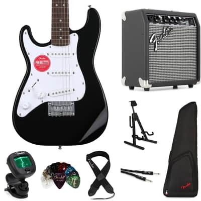 Squier Mini Stratocaster Left-handed Electric Guitar and Fender Frontman 10 Amp Essentials Bundle - Black image 1