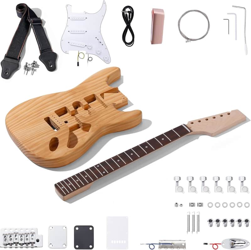 DIY ST Style Electric Guitar Kits with Roasted Pine Body and Maple Neck - Laurel Wood Fingerboard, Strap and All Components Included image 1