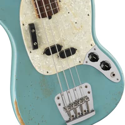 Fender Justin Meldal-Johnson Road Worn Mustang Electric Bass (with Gig Bag), Daphne Blue image 3