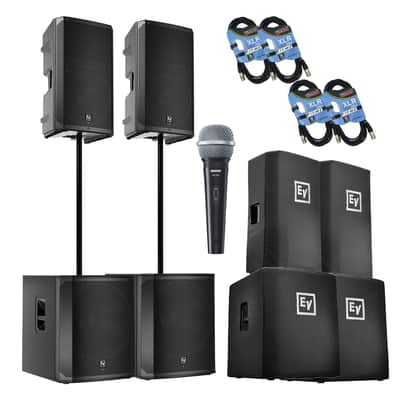 (2) Electro-Voice ELX200-12P, (2) EV ELX200-18SP, (2) ELX200-12P Covers, (2) ELX200-18SP Covers, (2) Poles, SV100 Mic, (4) XLR Cables Bundle image 1