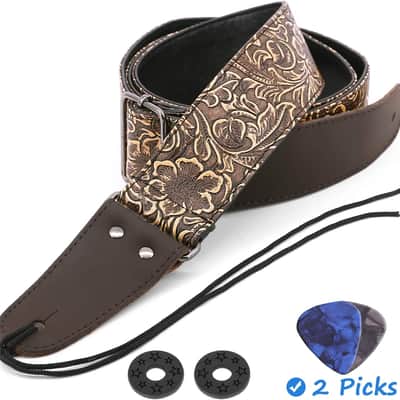 Leather Guitar Strap - PU Leather Western Vintage 60's Retro Strap with Genuine Leather Ends for Electric Bass Guitar, Tie Included, 2 Picks, Bronze image 4
