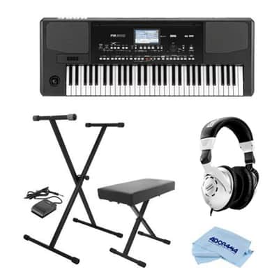 Korg Korg PA300 61 Keys Professional Arranger, 950+ Sounds, USB-MIDI Interface, - Bundle With On-Stage KPK6520 Keyboard Stand/Bench Pack with Sustain Pedal, Closed-Back Studio Monitor Headphones, Cloth