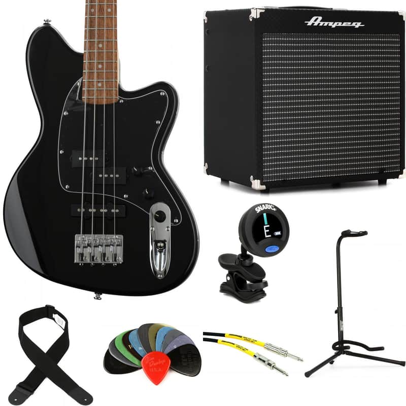 Ibanez Talman TMB30 Bass Guitar and Ampeg Rocket Amp Essentials Bundle - Black image 1