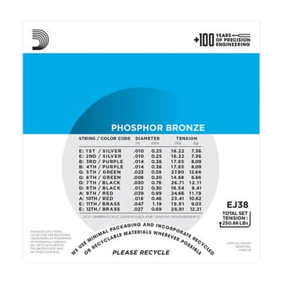 Immagine D'Addario EJ38 Phosphor Bronze 12-String Acoustic Guitar Strings, Light, 10-47 - 3