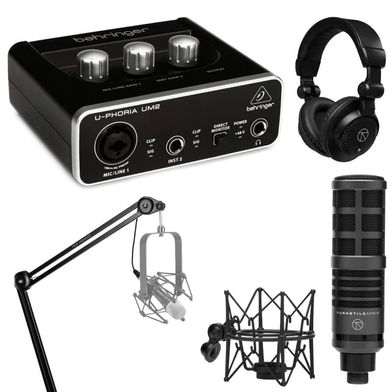 Behringer U-PHORIA UM2 2x2 USB Audio Interface, Podcast Bundle Broadcast Mic, Broadcast Arm W XLR, Studio Monitor Headphones image 1