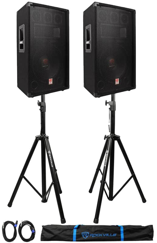 2) Rockville RSG12.4 12” 3-Way 1000w 4-Ohm Passive DJ Speakers+Stands+Cables+Bag image 1