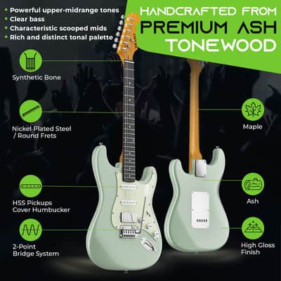 Electric Guitar (Premium Ash Tonewood) 39in Full-Size, HSS Pickups with Coil Split, Round Frets, Genuine Rosewood Fretboard, Accessories - Surf Green image 3