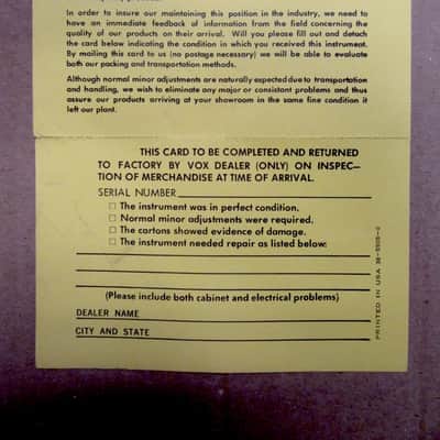 Vox Service Dept. Warranty Card 1960's image 2