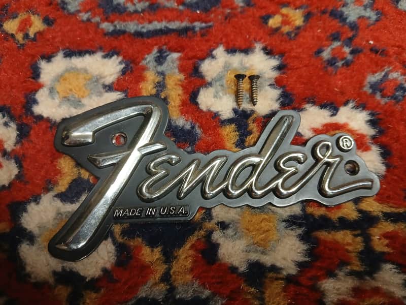 Fender Late 70s-80s Vintage Steel Logo Badge Emblem No Underline "MADE IN USA" Chrome/Black image 1