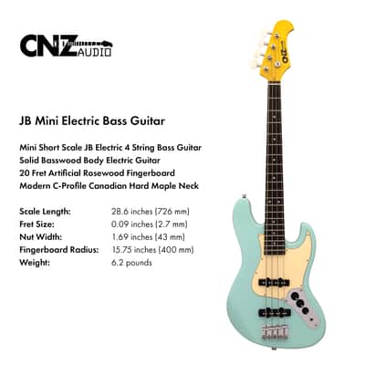 CNZ Audio JB Mini Electric Bass Guitar - Maple Neck, Rosewood Fingerboard, White Pickguard, Black image 4
