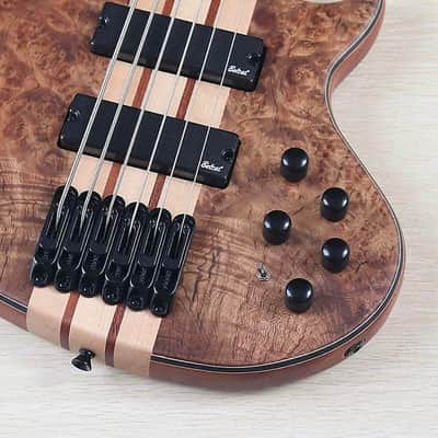 Custom 6 String Electric Bass Burl Wood Top Okoume Wood Body, Maple Neck Through, Rosewood Fingerboard image 7