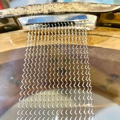1940s Slingerland Super Gene Krupa Radio King 7x14” 16-Lug Solid Maple Snare, Aluminum War Time Badge - White Marine Pearl image 8