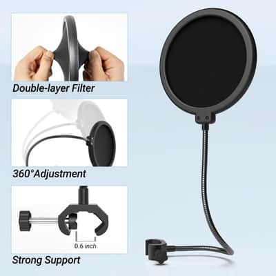 Microphone Pop Filter for Boom Arm or Desktop Stand, Mic Shield with Dual Layers, Gooseneck Clip, Fit for Streaming, Podcasting, Voice-Over, Singing for Home Recording Studio image 3