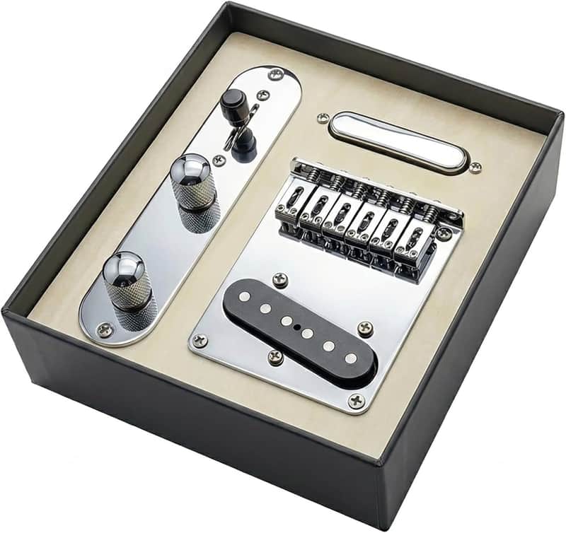 6-String Saddle Bridge Plate Prewired 3-Way Switch Control Plate Neck Pickup Set for Electric Guitar Replacement - Chrome image 1