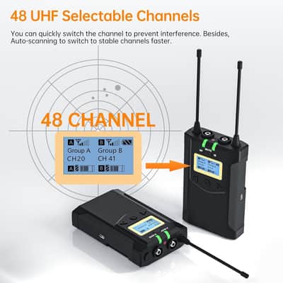Wireless Microphone System for Cameras, Camcorders, Smartphones, Laptops, Professional UHF Wireless Lavalier Lapel Microphone with Dual-Channel Recording, AA Batteries image 2