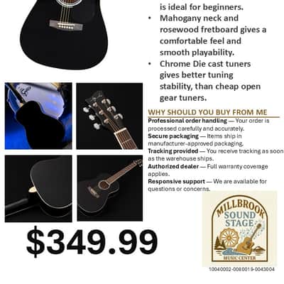 Jay Turser JJ43-PAK-BK Jay Jr. Series 3/4 Size Acoustic Dreadnought Guitar- Black image 6
